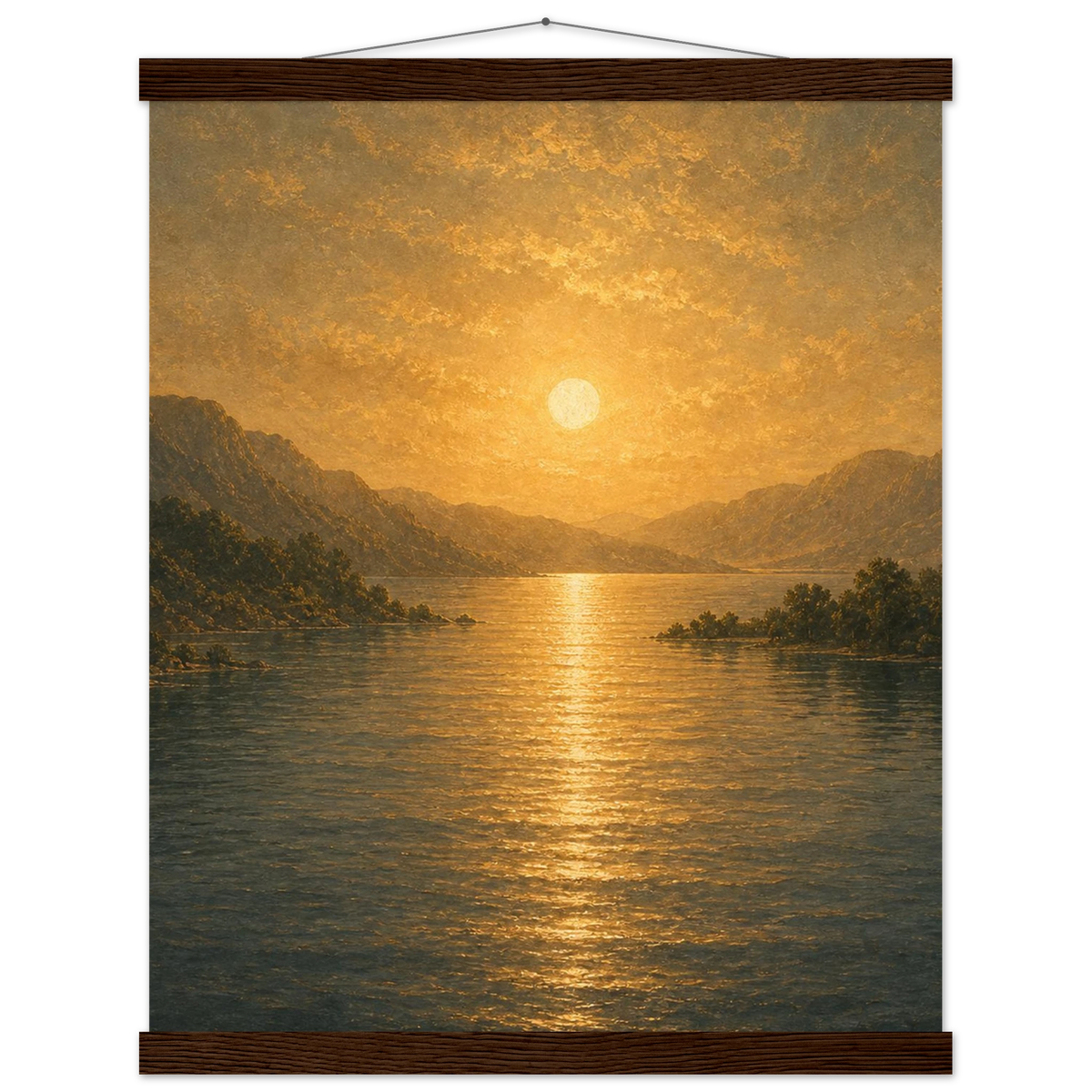 Golden Reflection: lake, sunset and mountains. Fine art poster with wooden hanger by The Light Stays.