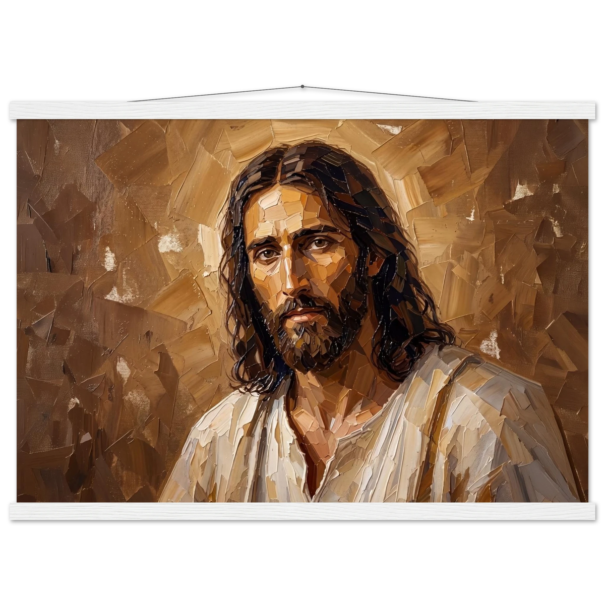 Kind Eyes: jesus, faith and serene gaze. Fine art poster with wooden hanger by The Light Stays.