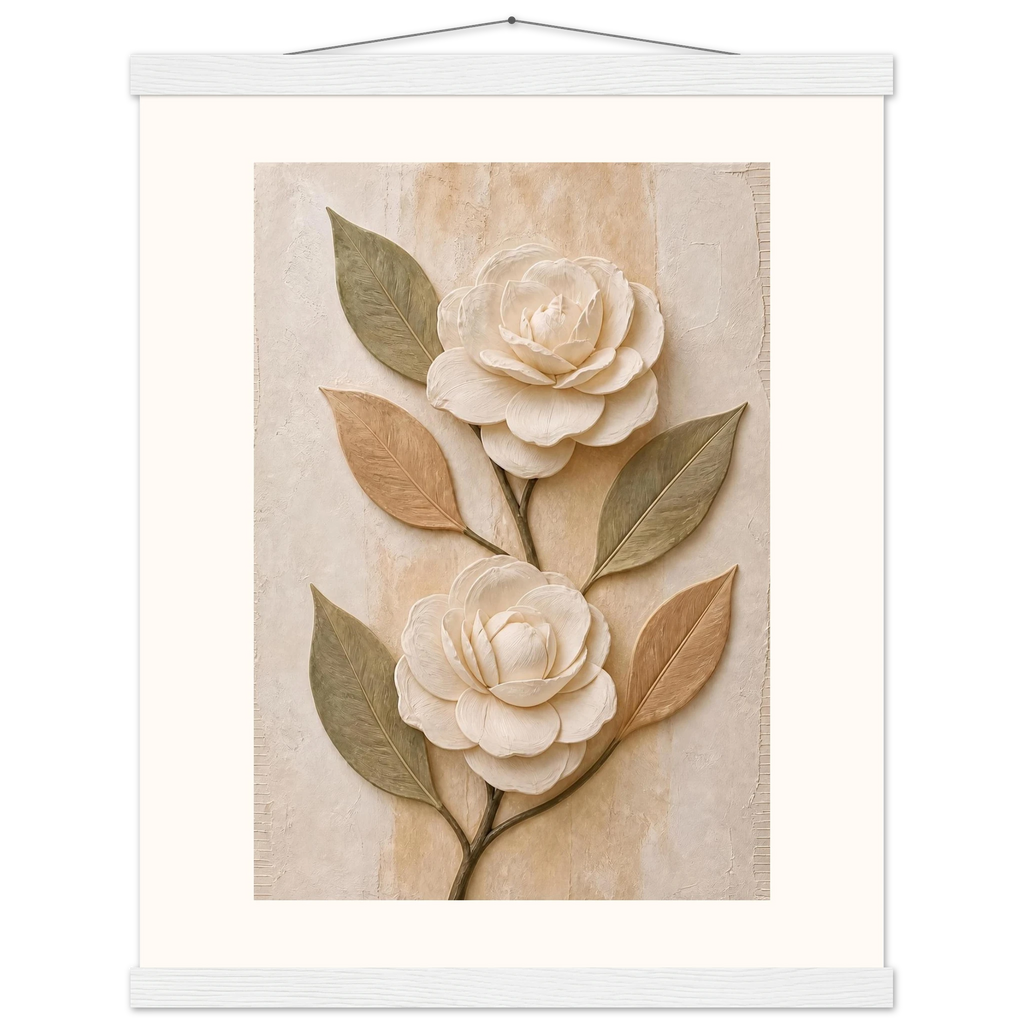 Carved Camellia: flowers and botanical. Museum-quality fine art poster.