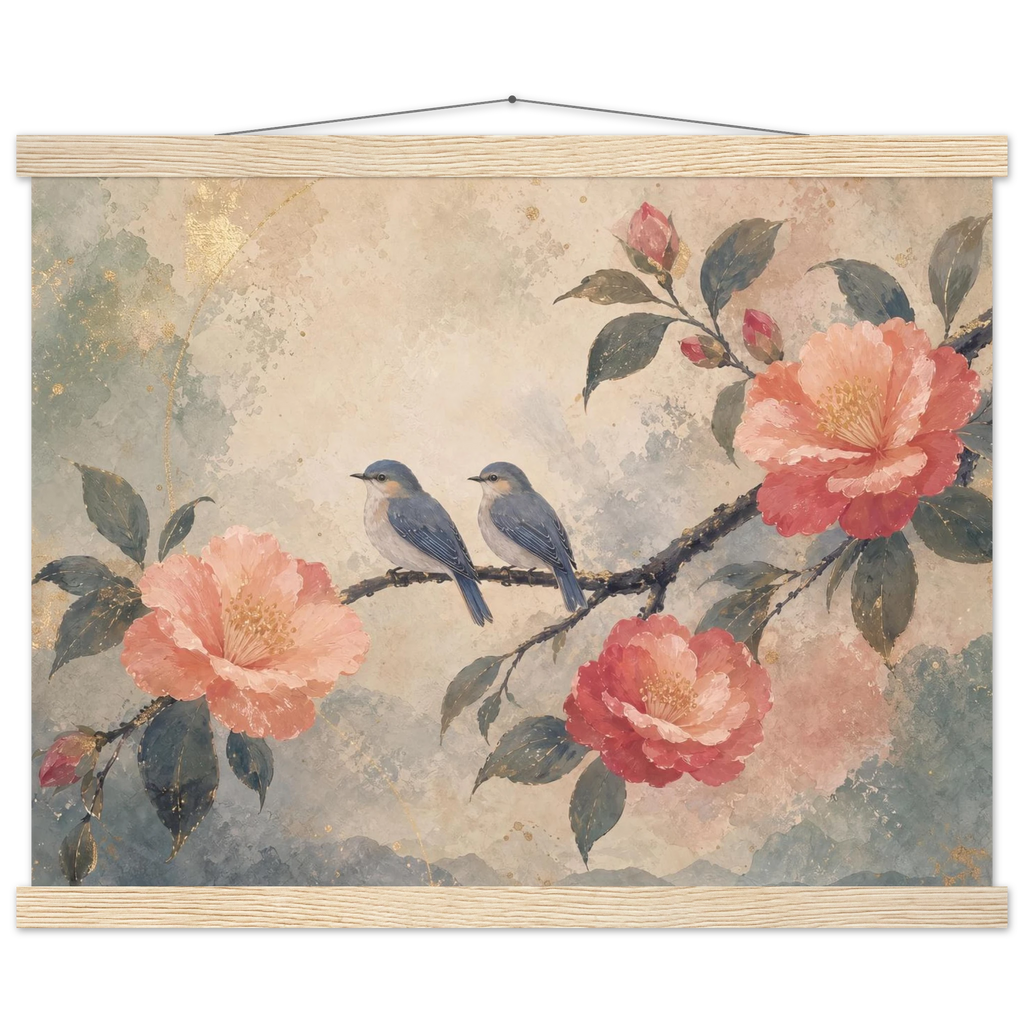 Camellia Birds, flowers and botanical. Archival fine art poster shown framed.