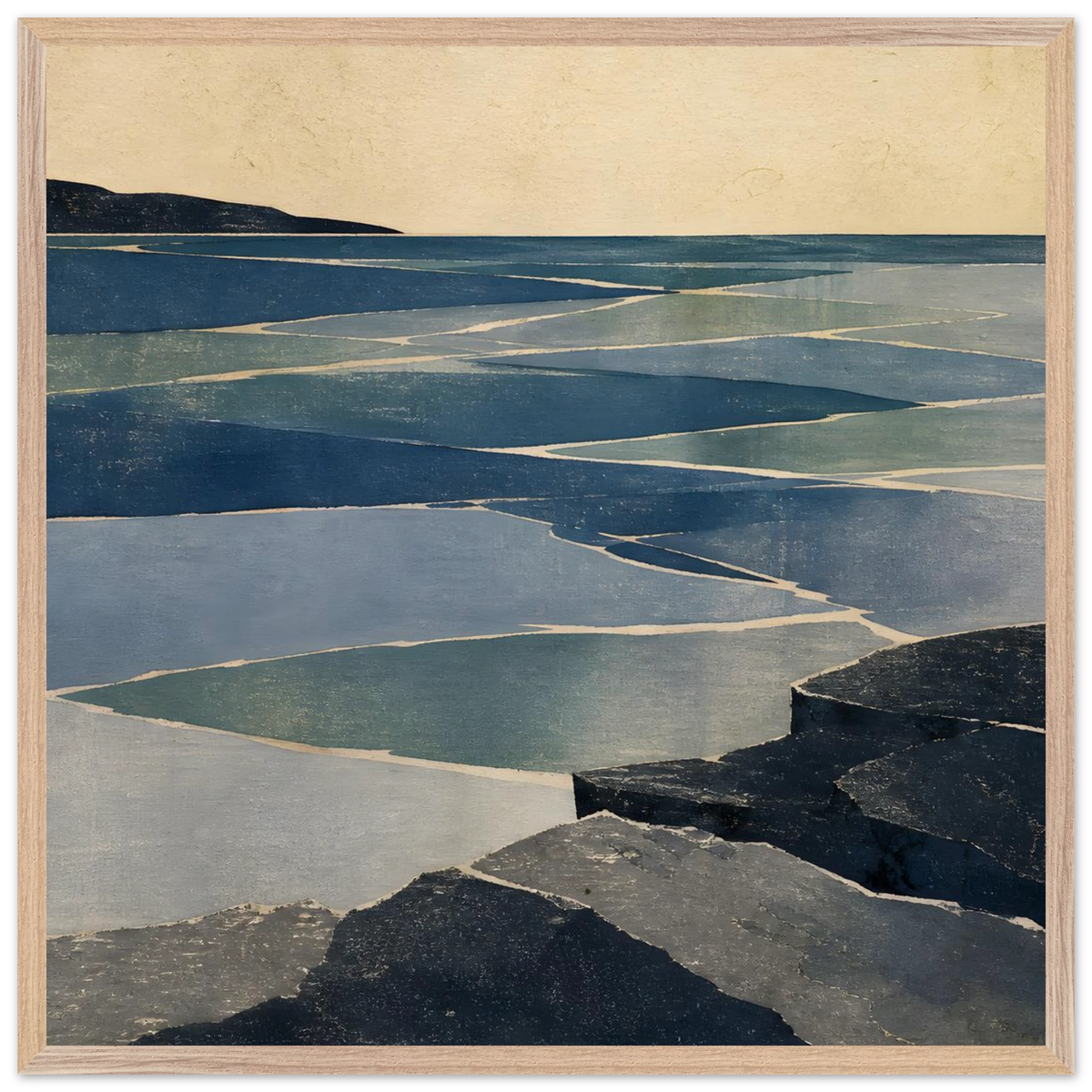 Indigo Tide: coastal landscape, jade water and japandi. Framed fine art print by The Light Stays.