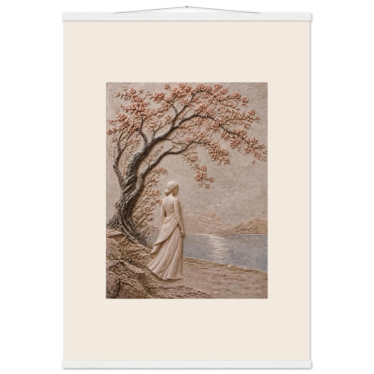 Spring Walk: impasto, lake and blossoming tree. Fine art poster, alternate frame and size.