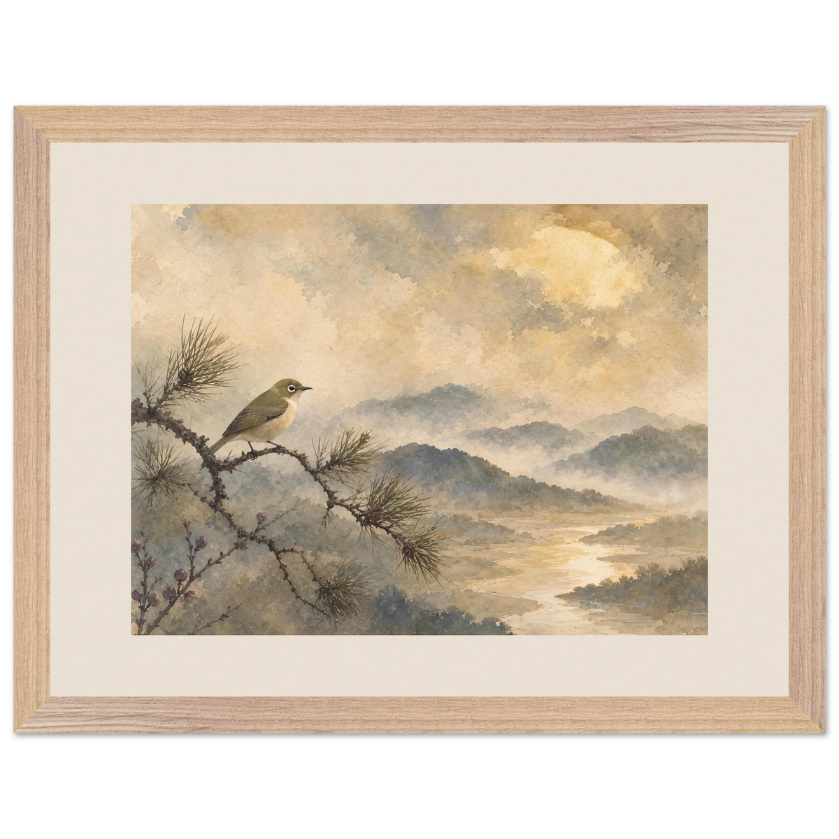 Golden Moon Bird: japanese art and japandi. Framed fine art print by The Light Stays.