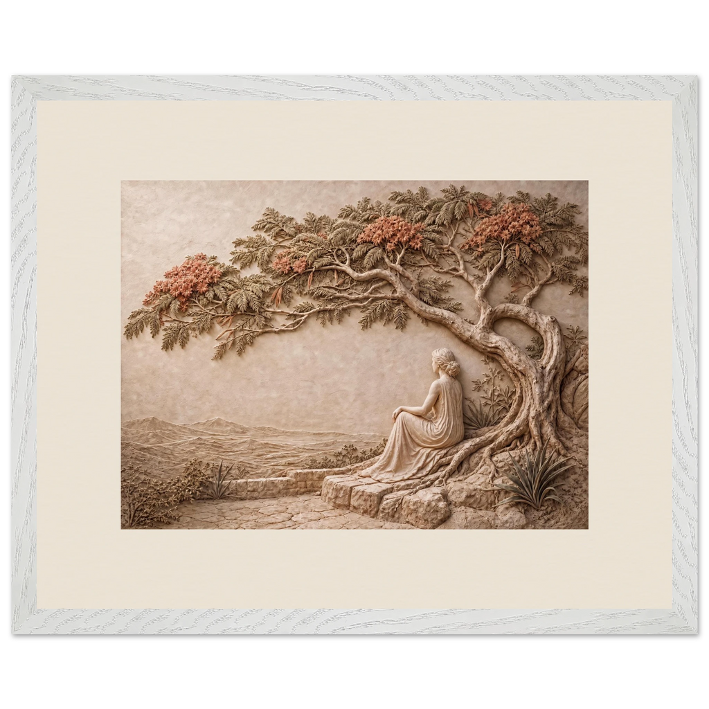 Under the Blossoms: impasto, figure and blossoming canopy. Framed fine art print by The Light Stays.