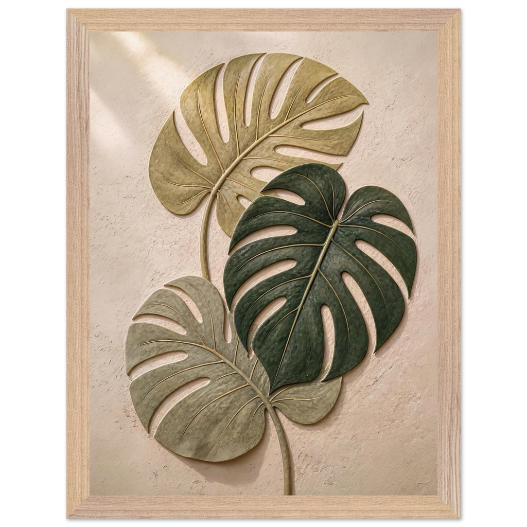 Stone Monstera: botanical and nature. Framed fine art print, alternate frame and size.