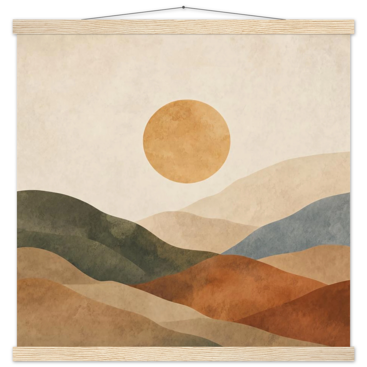 Kindled Earth: sun, hills and ochre palette. Fine art poster with wooden hanger by The Light Stays.