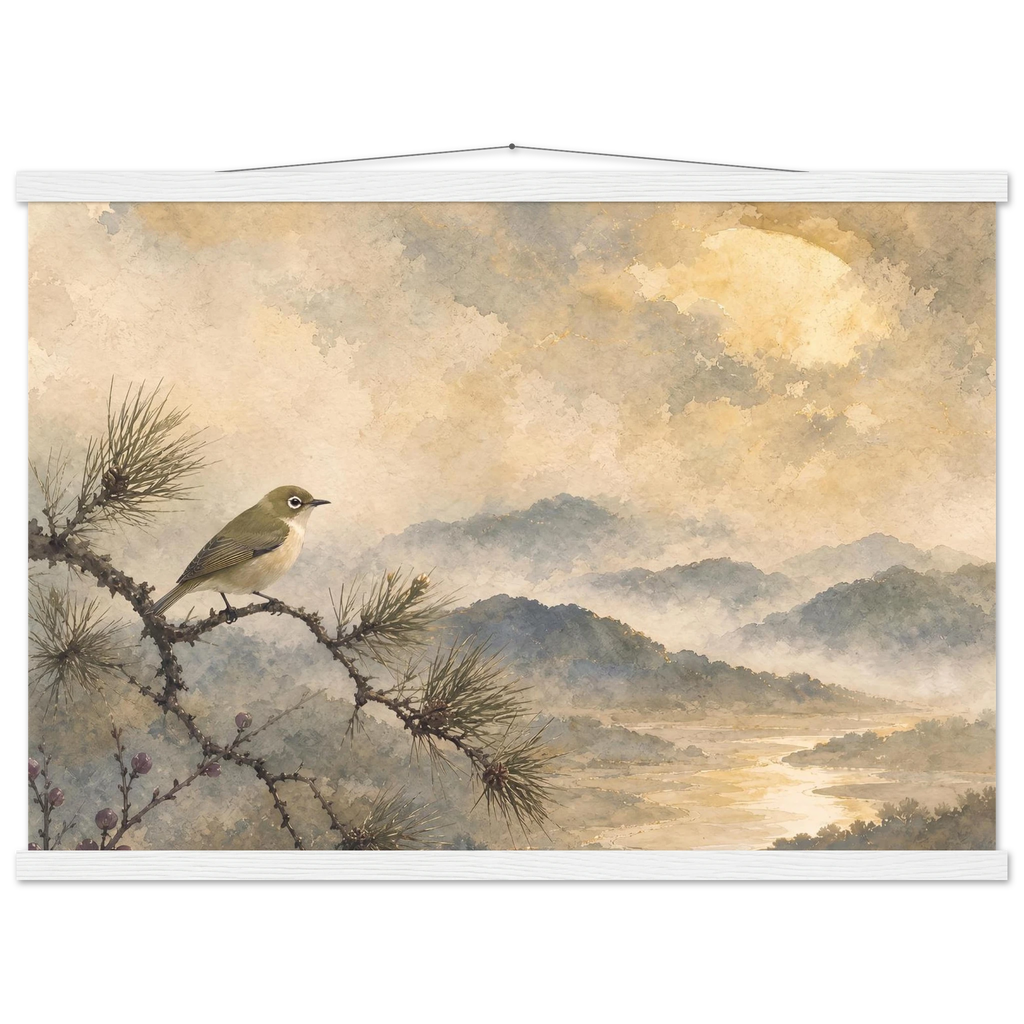 Golden Moon Bird: japanese art and japandi. Fine art poster, alternate frame and size.