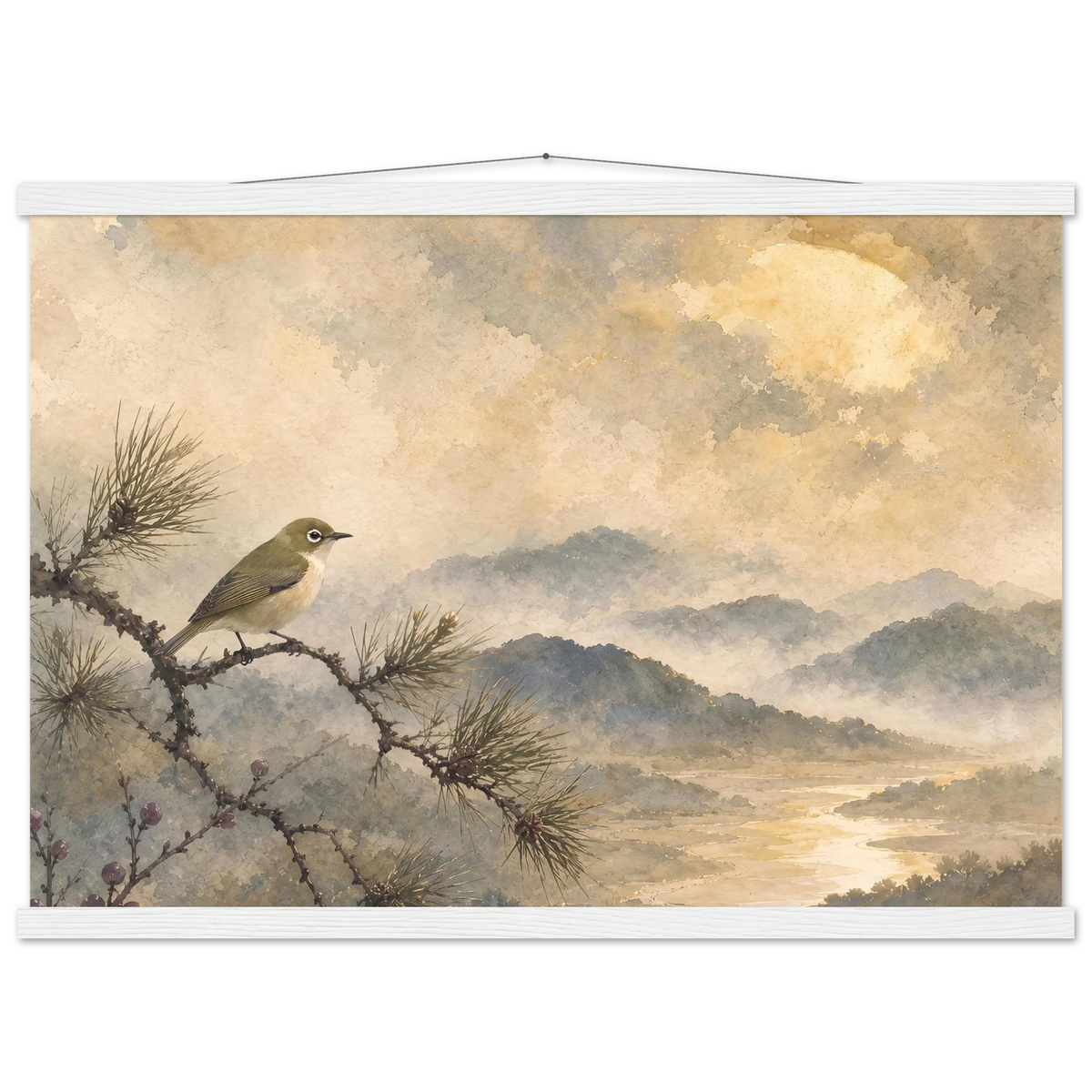 Golden Moon Bird: japanese art and japandi. Fine art poster, alternate frame and size.