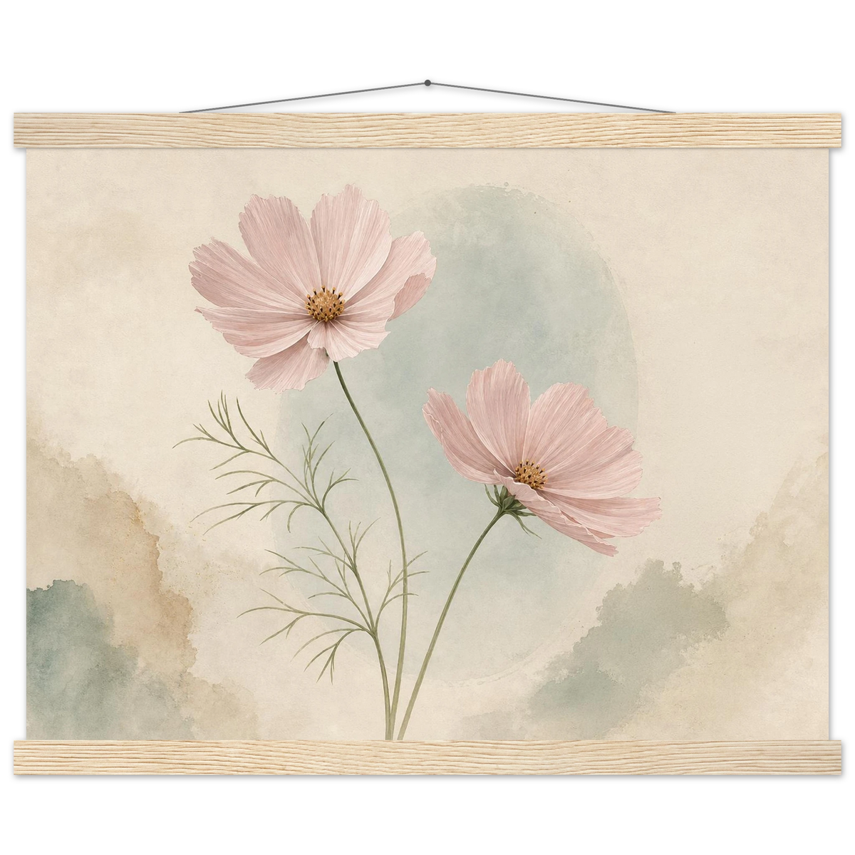 Cosmos Unison: flowers, blush and celadon. Fine art poster with wooden hanger by The Light Stays.