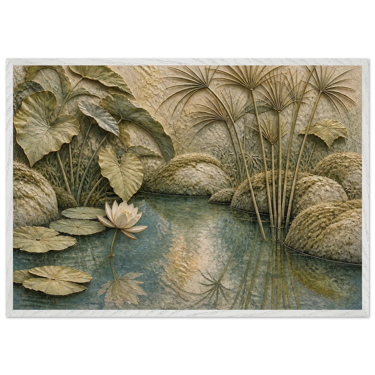 Papyrus Pond: lake, papyrus and serene greens. Framed fine art print by The Light Stays.