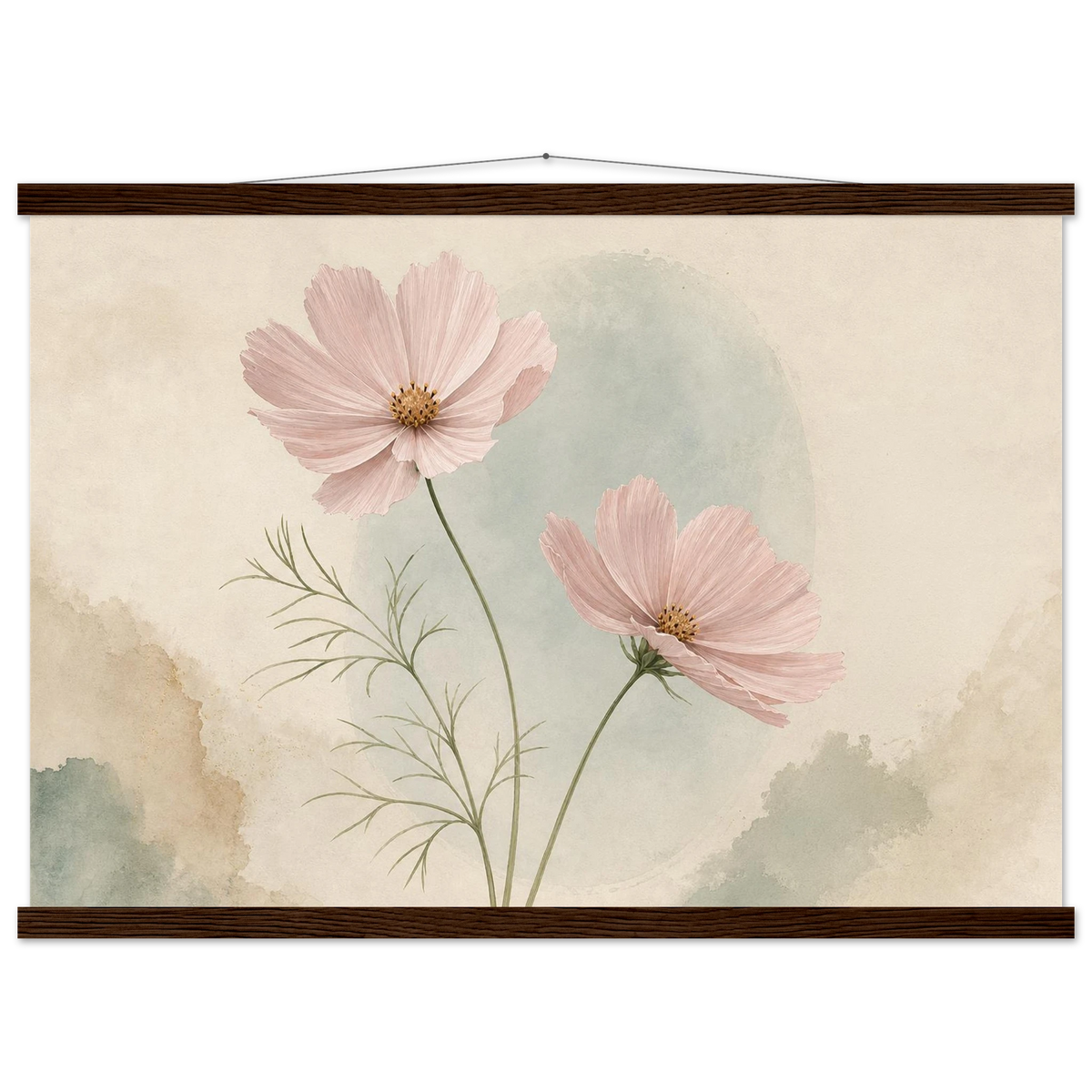 Cosmos Unison: flowers, blush and celadon. Fine art poster with wooden hanger by The Light Stays.