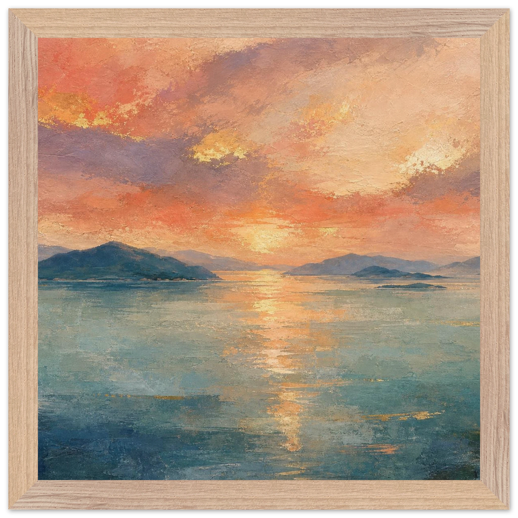 Setouchi Peach Dawn: riviera and japandi. Framed fine art print, alternate frame and size.