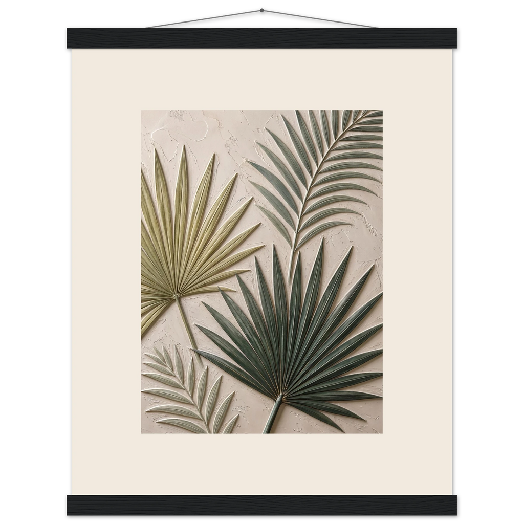 Carved Fronds: impasto, leaves and sand tones. Museum-quality fine art poster.