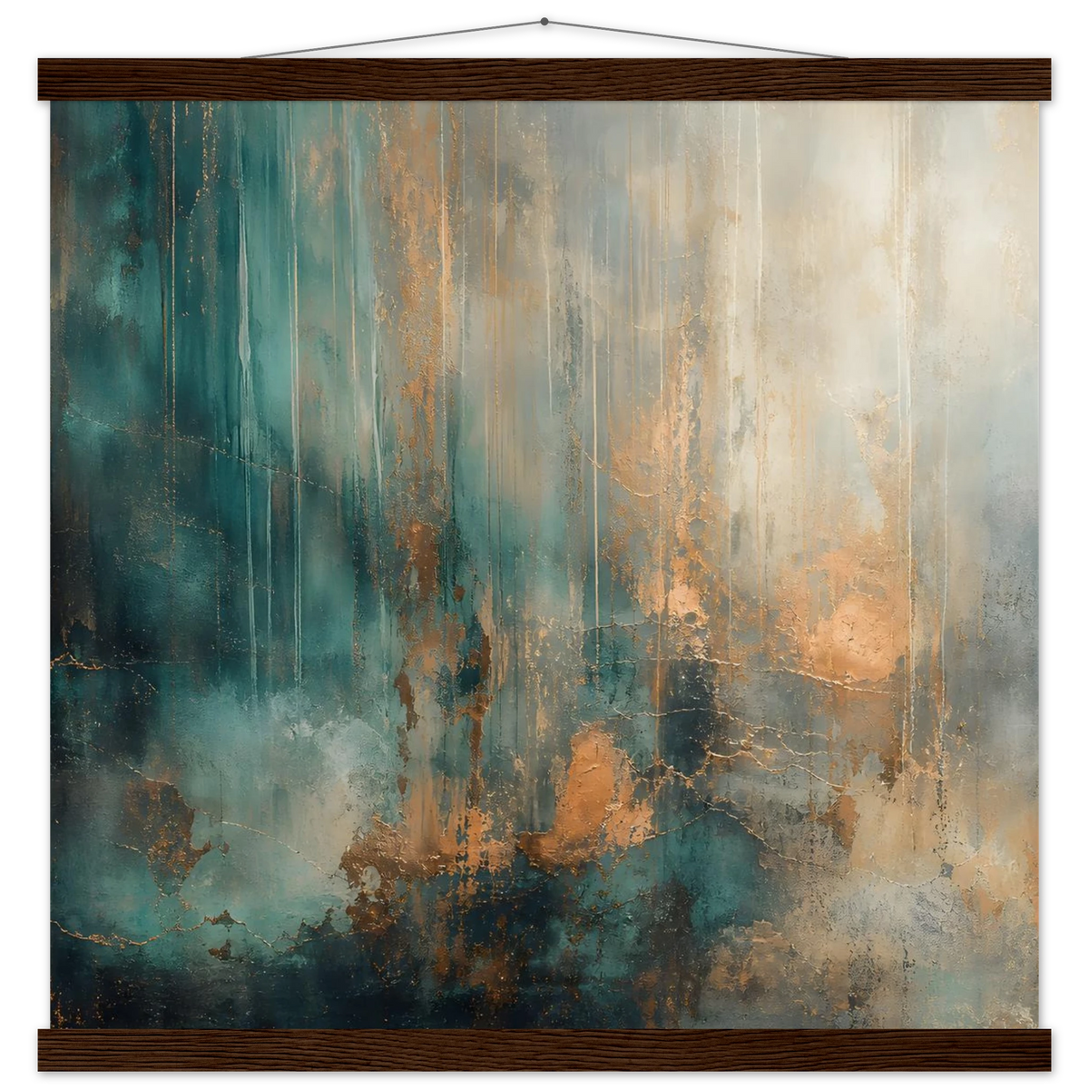 Copper Rain: abstract, texture and metallic tones. Fine art poster with wooden hanger by The Light Stays.
