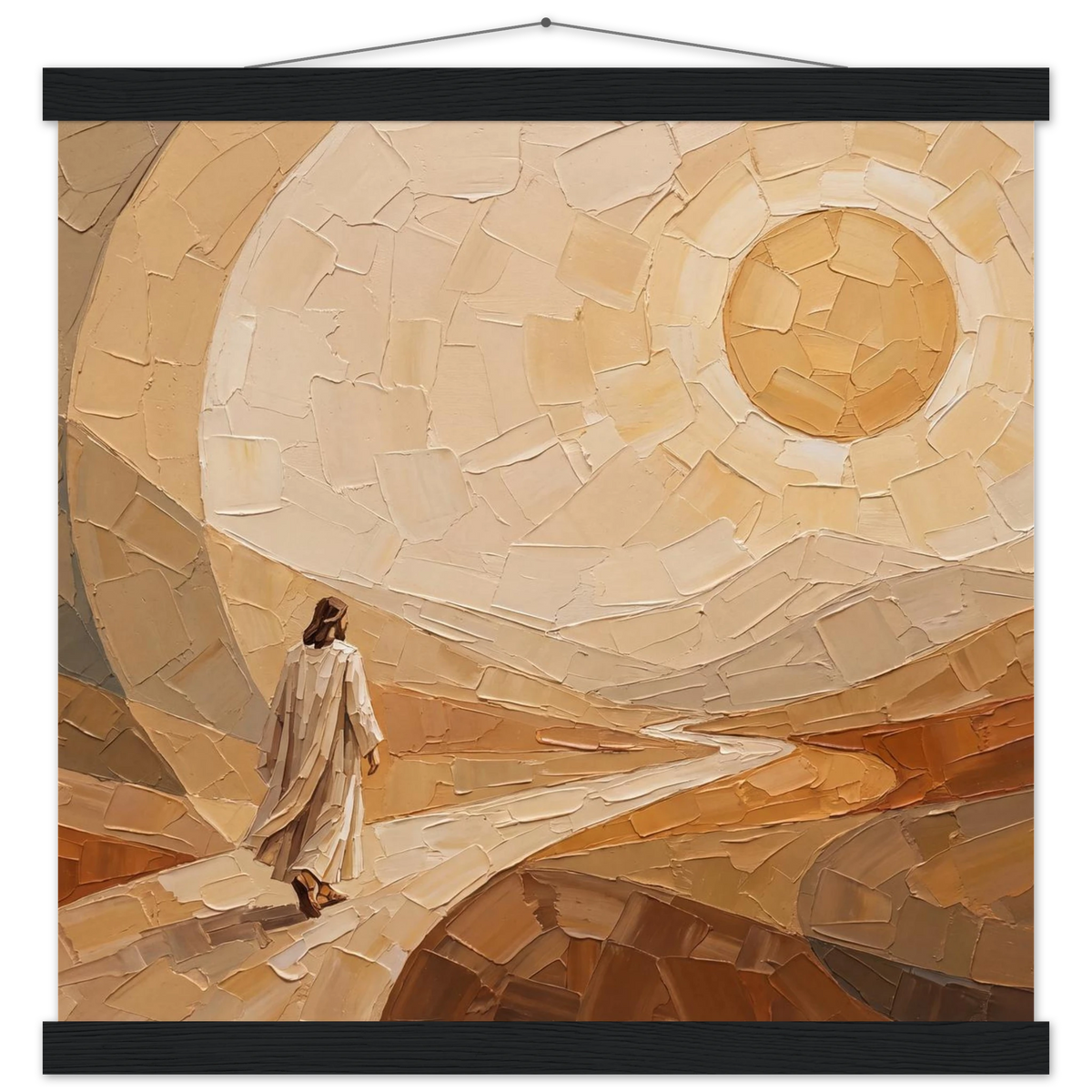 Lightfall: jesus, landscape and golden tones. Fine art poster with wooden hanger by The Light Stays.