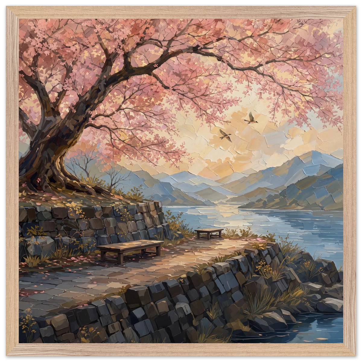 Cherry Blossom Lake: japanese art, sunset and japandi. Framed fine art print by The Light Stays.