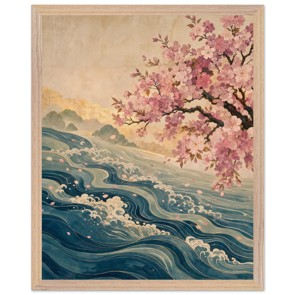 Blossom Tide: japanese art, cherry blossom and wave. Framed fine art print by The Light Stays.