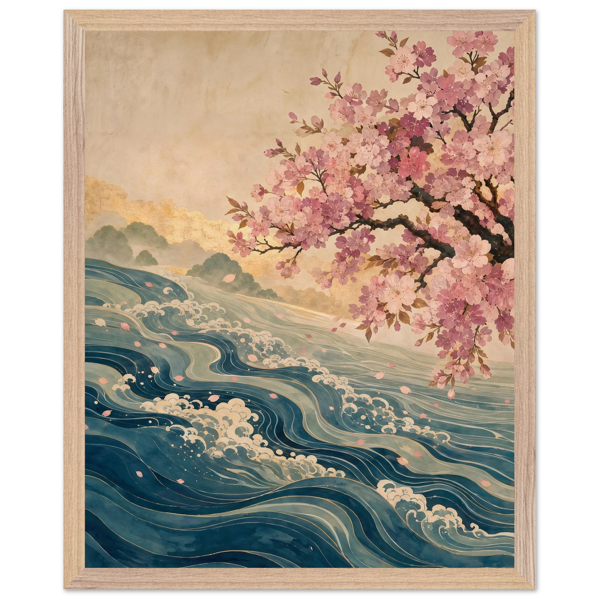 Blossom Tide: japanese art, cherry blossom and wave. Framed fine art print by The Light Stays.