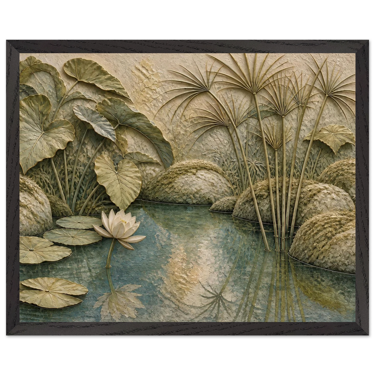 Papyrus Pond: lake, papyrus and serene greens. Framed fine art print by The Light Stays.