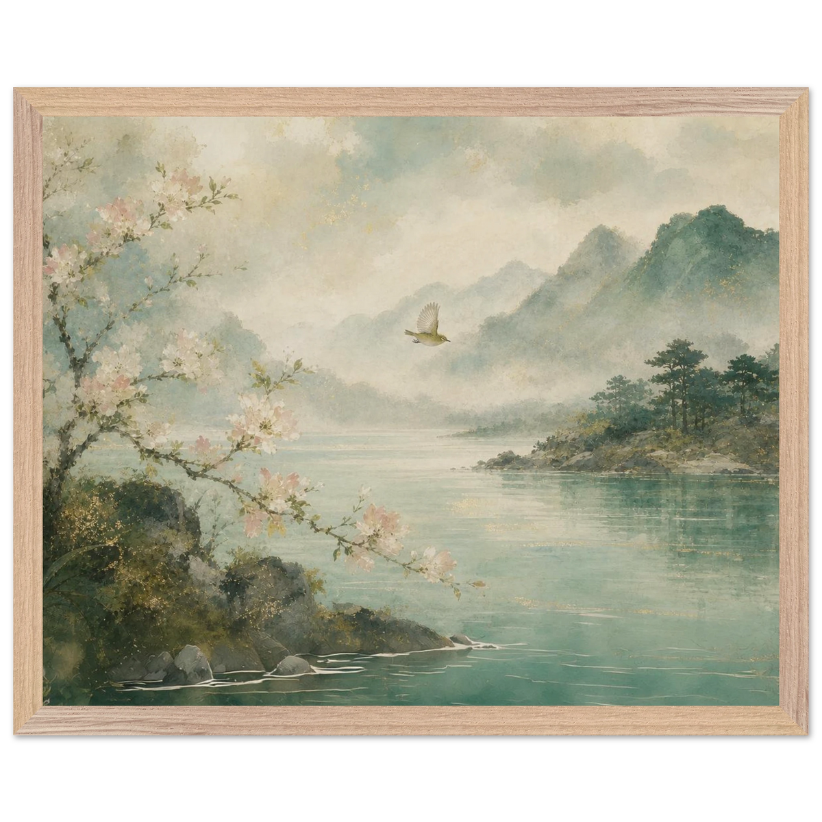 Celadon Flight: birds, japanese landscape and japandi. Framed fine art print by The Light Stays.