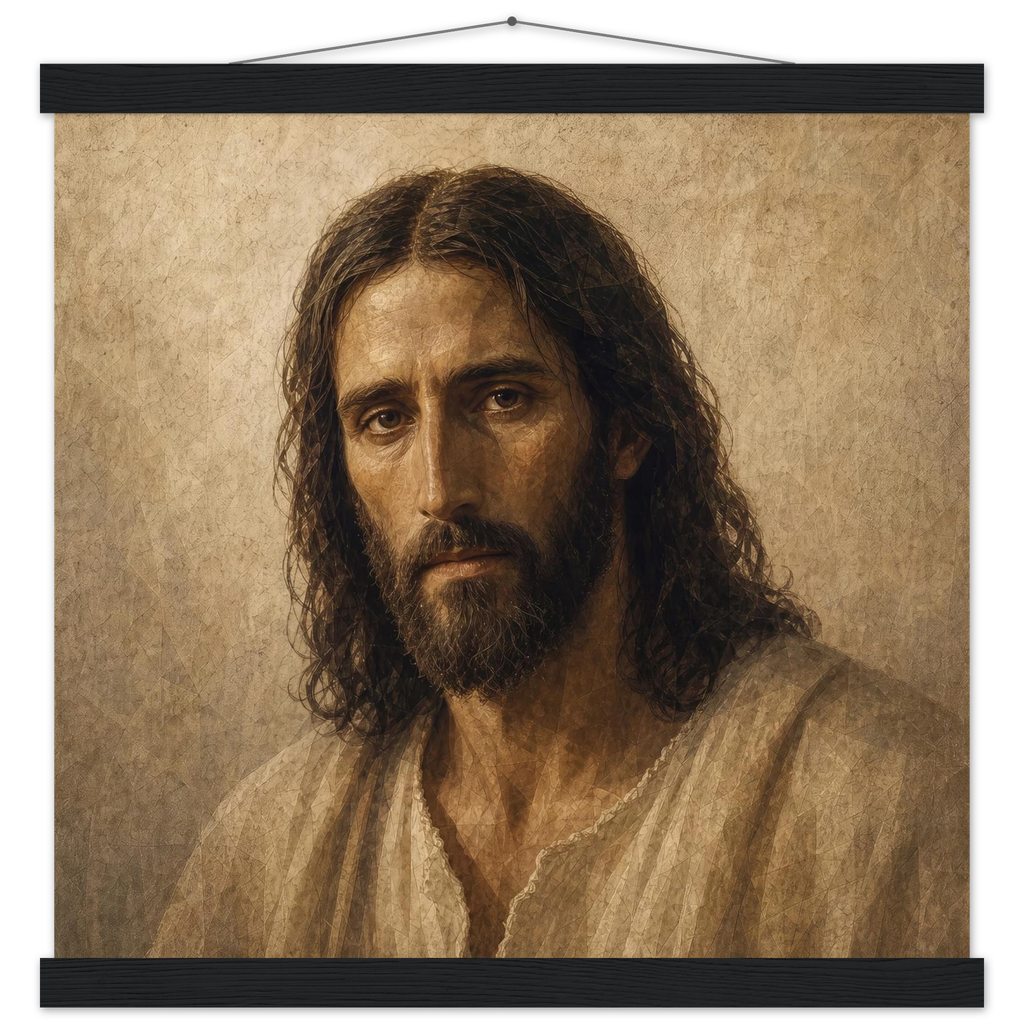 Pôster Kind Eyes com suporte de madeira, retrato sereno de Jesus em luz quente