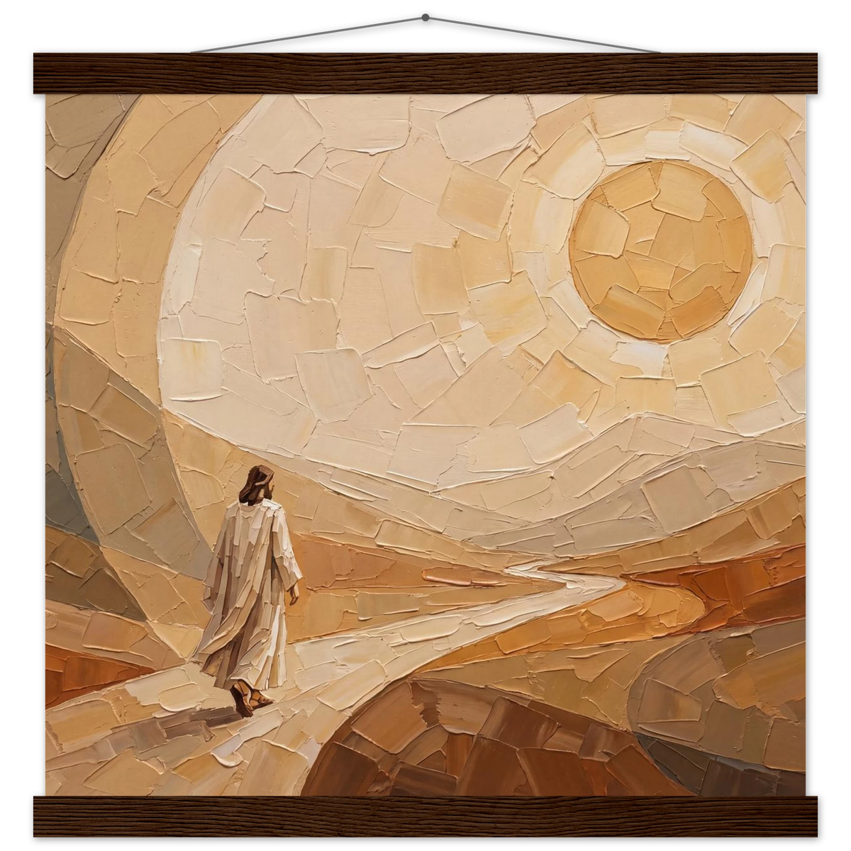 Lightfall: jesus, landscape and golden tones. Fine art poster with wooden hanger by The Light Stays.