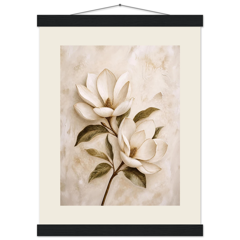 Gilded Magnolia, flowers and botanical. Archival fine art poster shown framed.