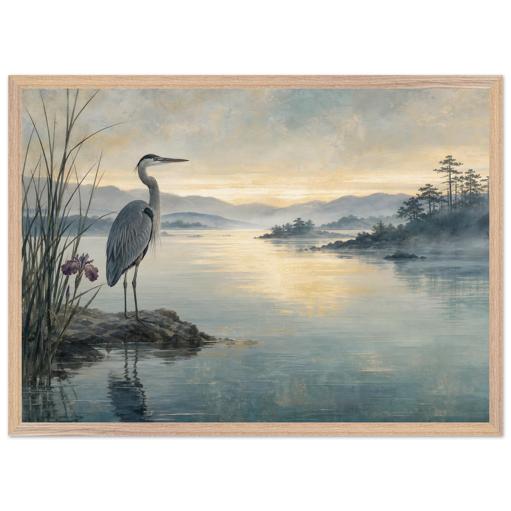 Heron at Dawn: japanese art and japandi. Framed fine art print, alternate frame and size.