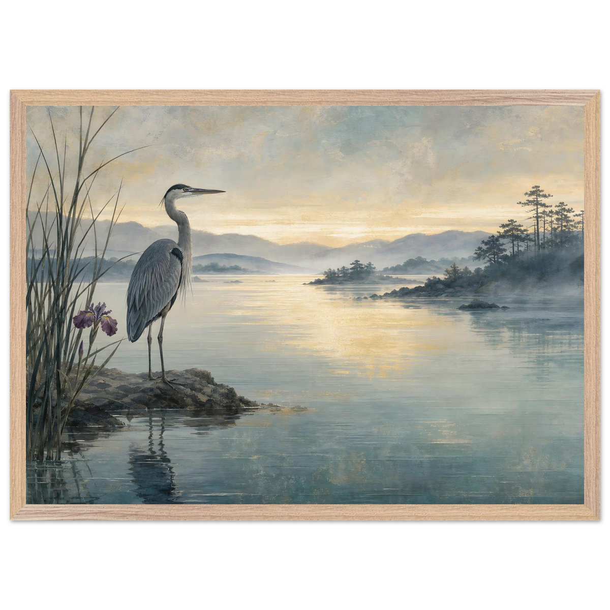 Heron at Dawn: japanese art and japandi. Framed fine art print, alternate frame and size.
