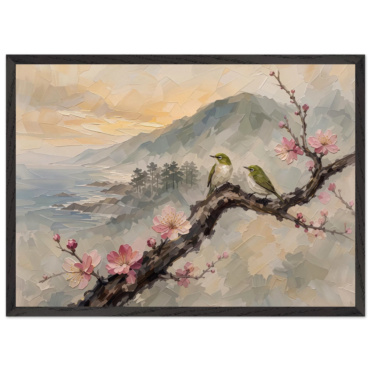 Plum Branch Pair: birds, japanese landscape and japandi. Framed fine art print by The Light Stays.
