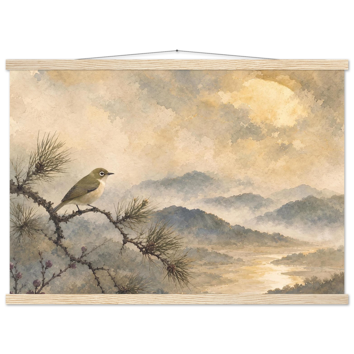 Golden Moon Bird: japanese art and japandi. Fine art poster, alternate frame and size.
