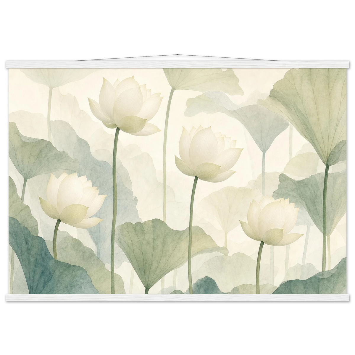 Ivory Lotus Screen, flowers and botanical. Archival fine art poster shown framed.