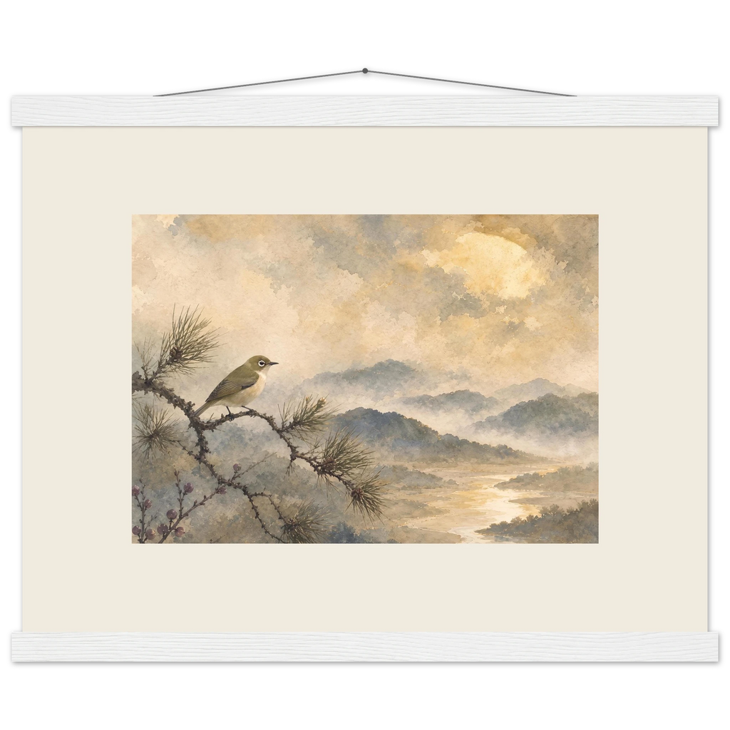 Golden Moon Bird, japanese art and japandi. Archival fine art poster shown framed.