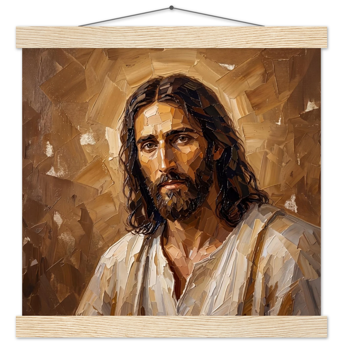 Kind Eyes: jesus, faith and serene gaze. Fine art poster with wooden hanger by The Light Stays.