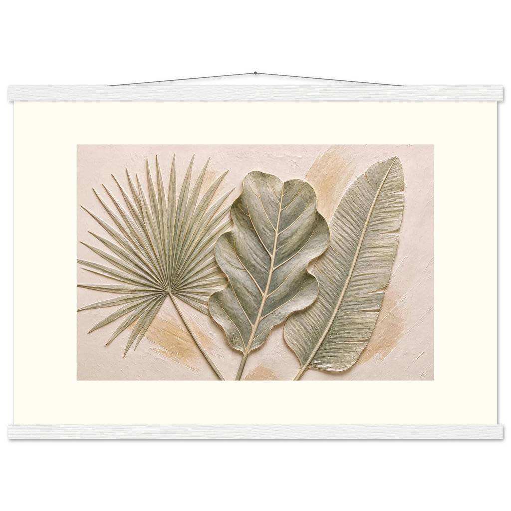 Three Leaves, botanical and nature. Archival fine art poster shown framed.