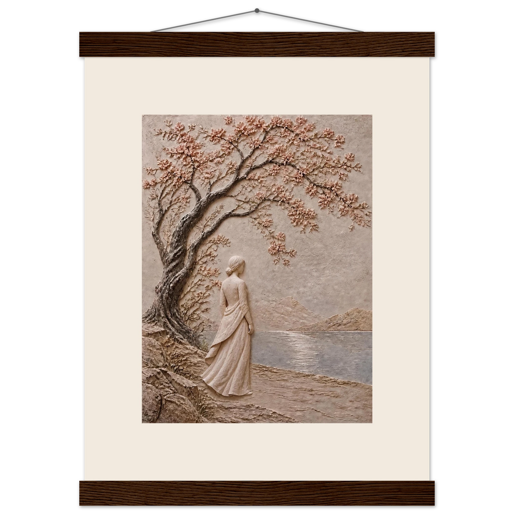 Spring Walk: impasto, lake and blossoming tree. Museum-quality fine art poster.