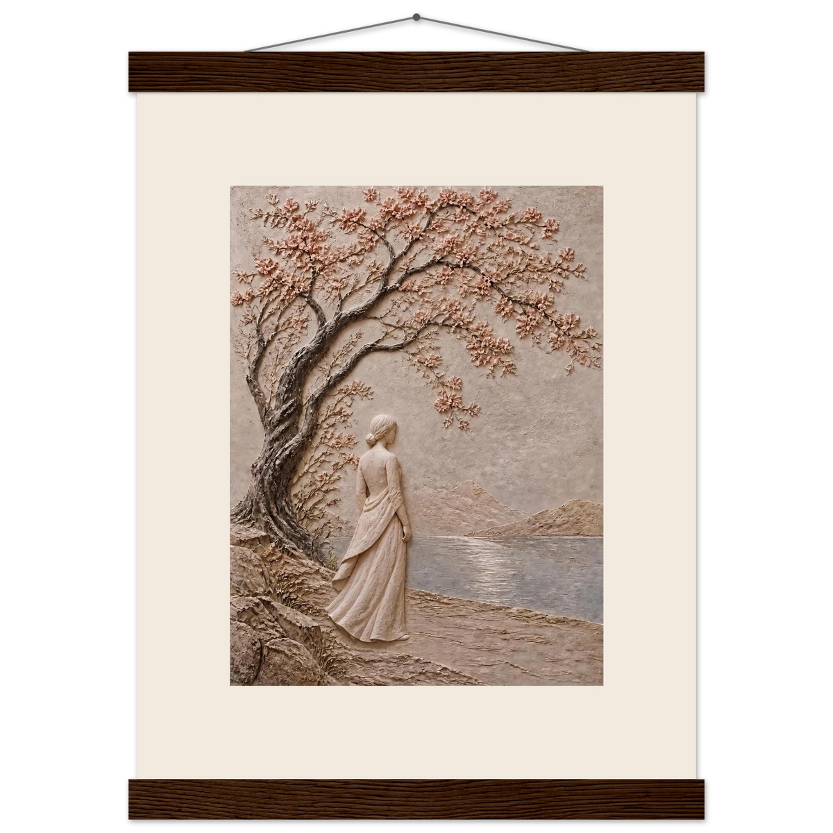 Spring Walk: impasto, lake and blossoming tree. Museum-quality fine art poster.