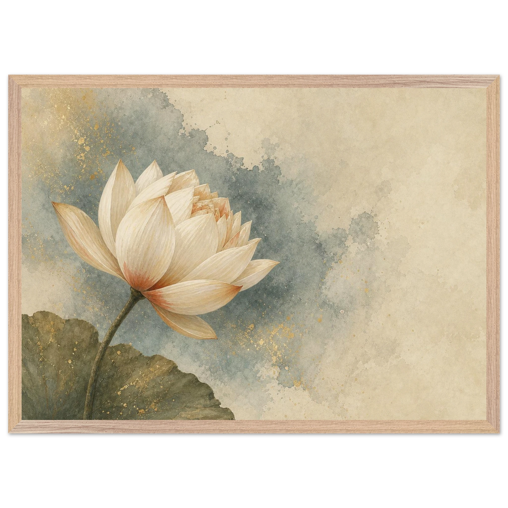 First Lotus Light, flowers and botanical. Archival framed fine art print shown framed.