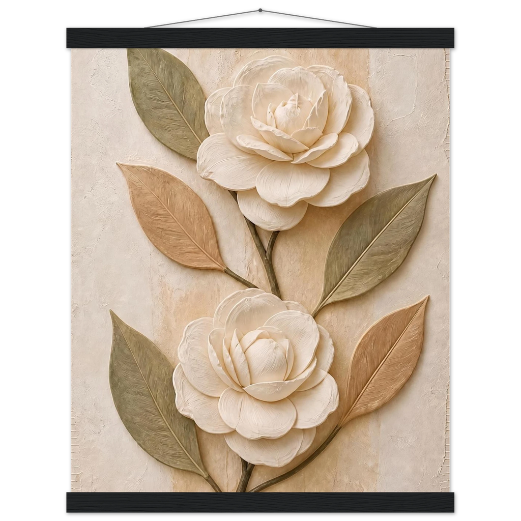 Carved Camellia, flowers and botanical. Archival fine art poster shown framed.