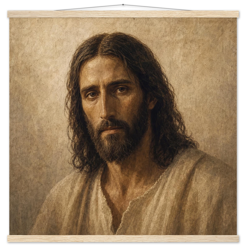 Pôster Kind Eyes com suporte de madeira, retrato sereno de Jesus em luz quente