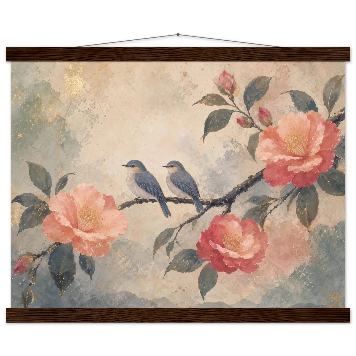 Camellia Birds, flowers and botanical. Archival fine art poster shown framed.