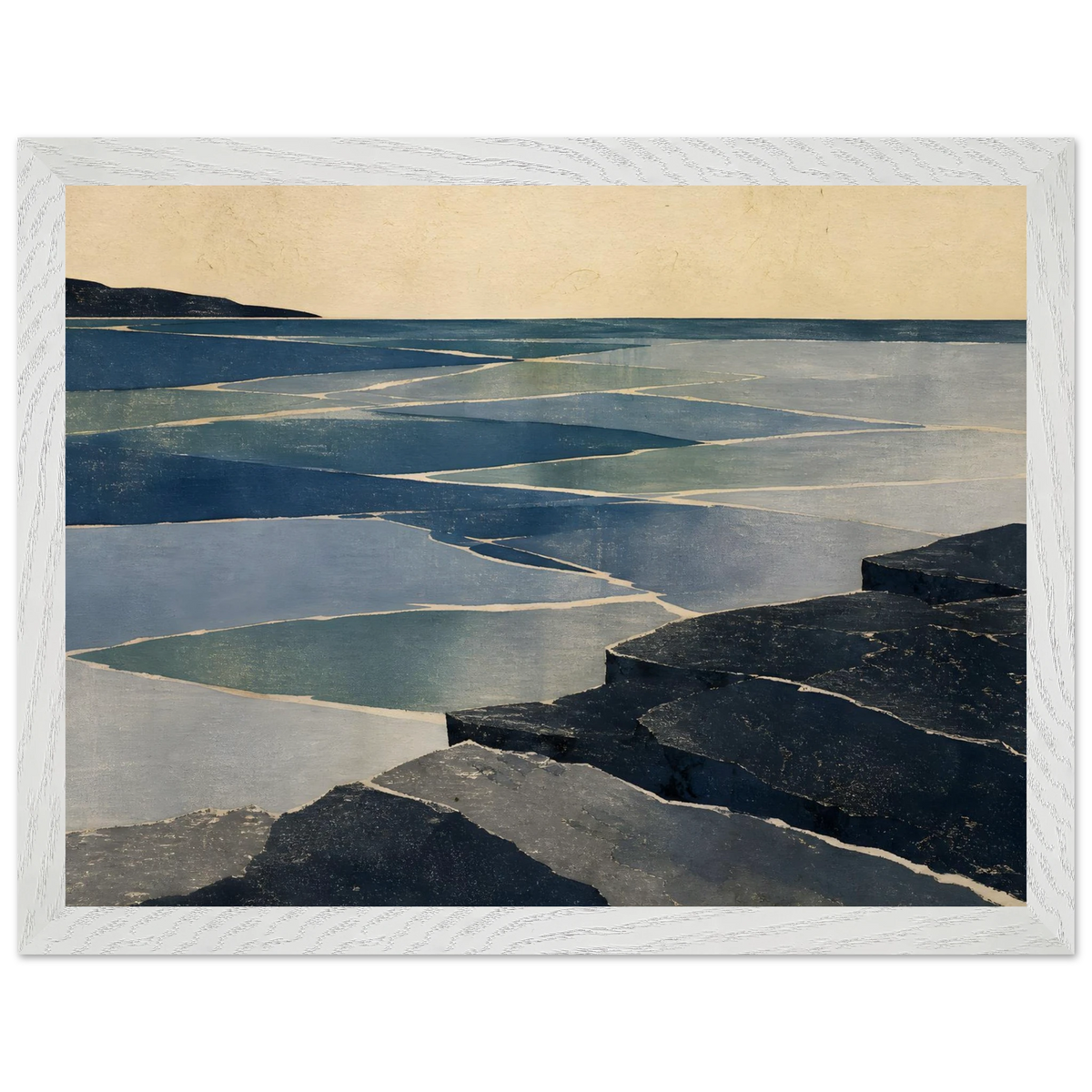 Indigo Tide: coastal landscape, jade water and japandi. Framed fine art print by The Light Stays.