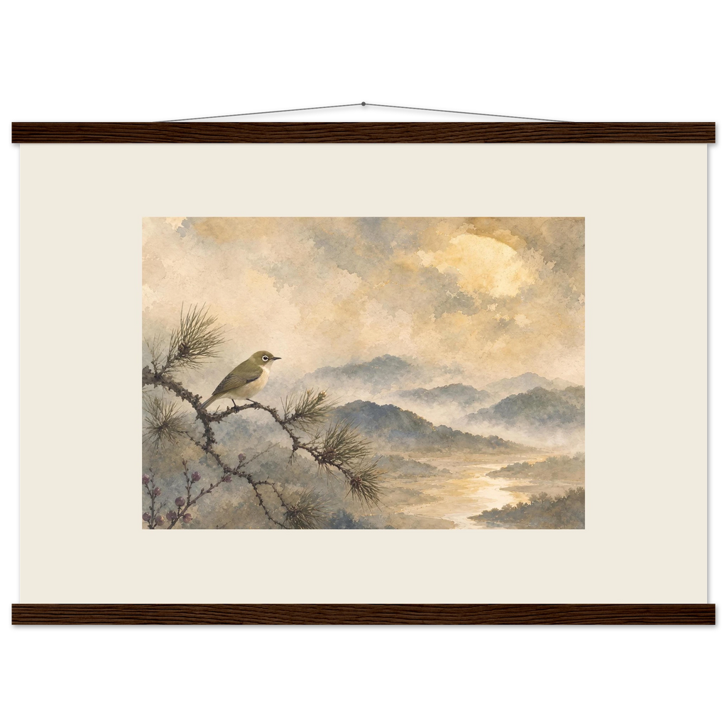 Golden Moon Bird: japanese art and japandi. Museum-quality fine art poster.