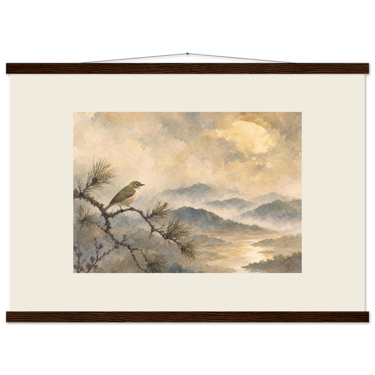 Golden Moon Bird: japanese art and japandi. Museum-quality fine art poster.