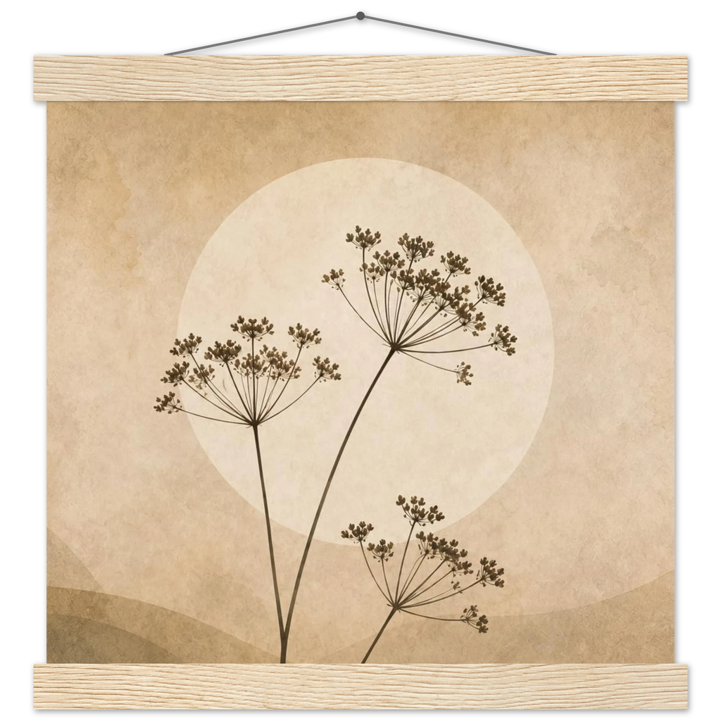Pôster Wild Stems com suporte de madeira, hastes botânicas suaves em composição circular