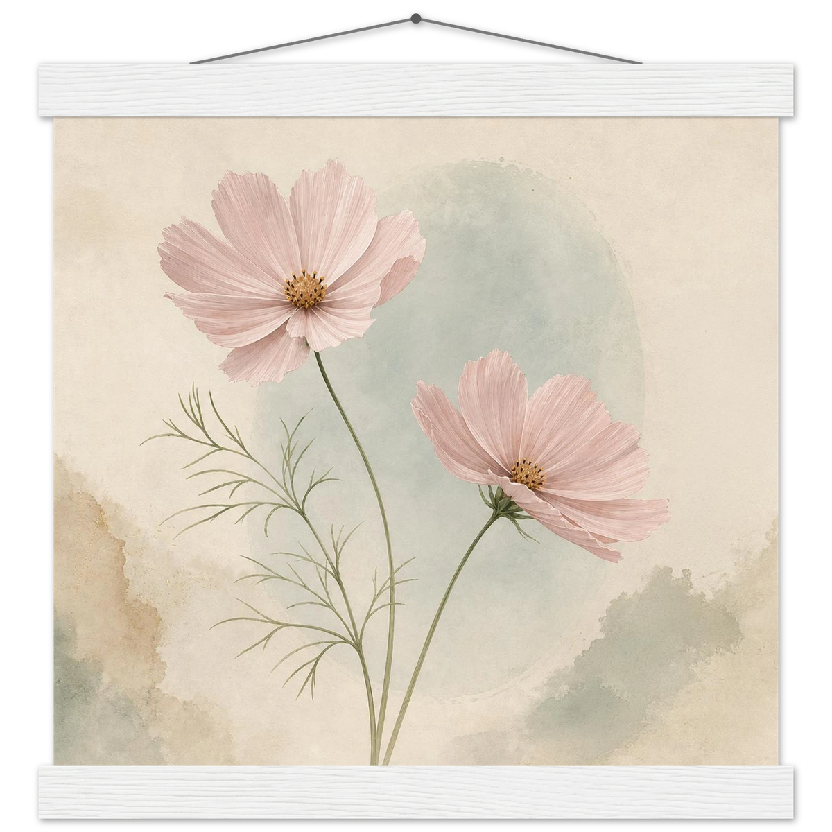 Cosmos Unison: flowers, blush and celadon. Fine art poster with wooden hanger by The Light Stays.