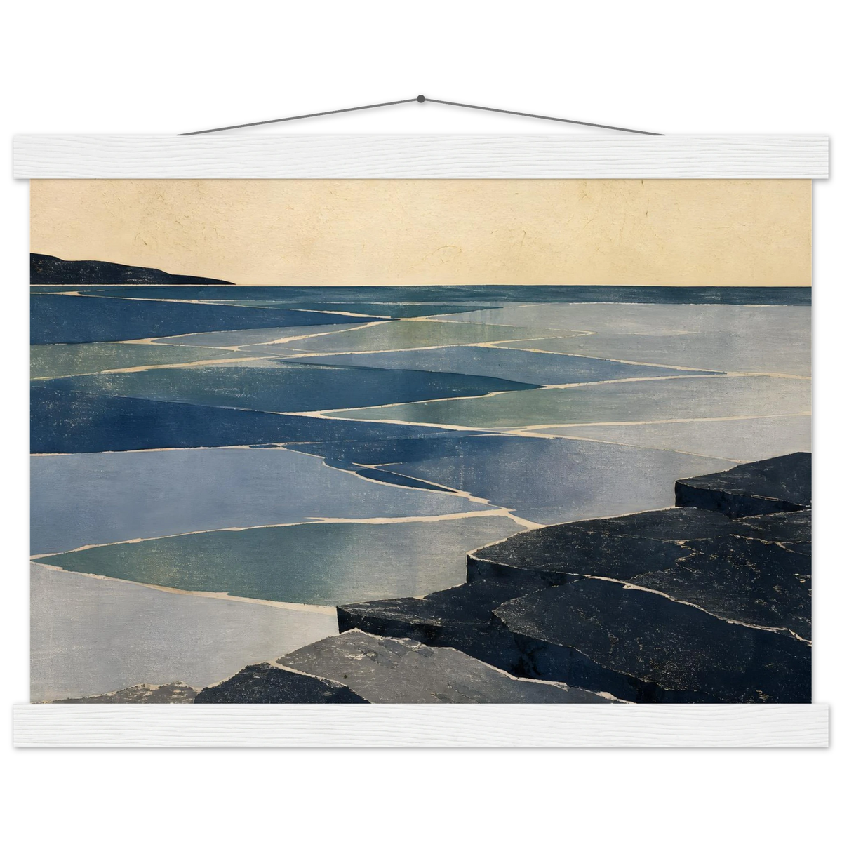 Indigo Tide: coastal landscape, jade water and japandi. Fine art poster with wooden hanger by The Light Stays.