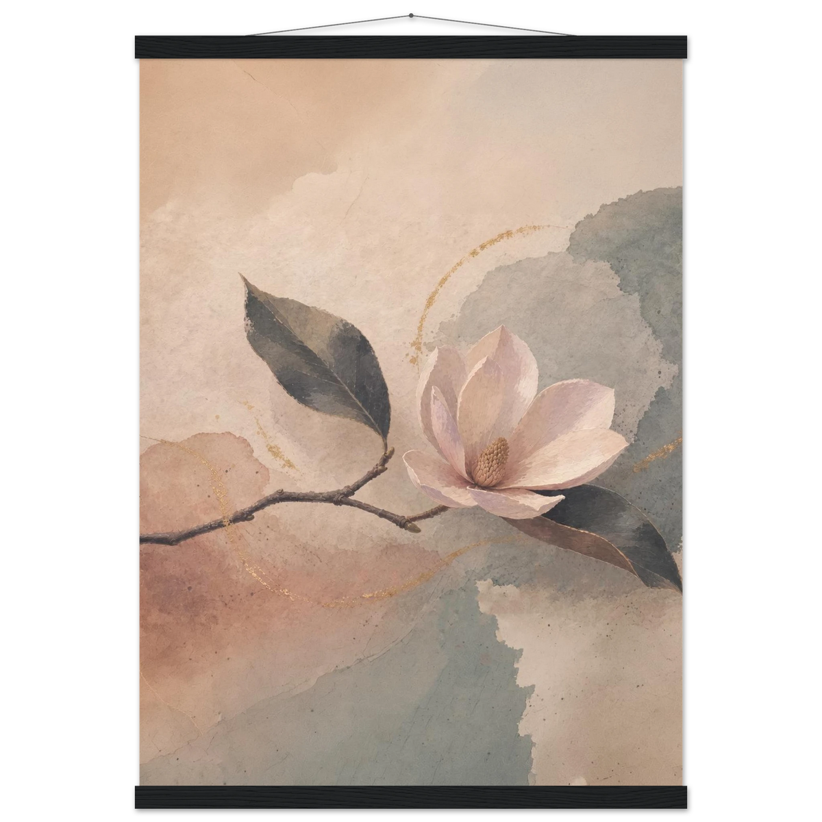 Magnolia Reverie: botanical, sage and japandi. Fine art poster with wooden hanger by The Light Stays.