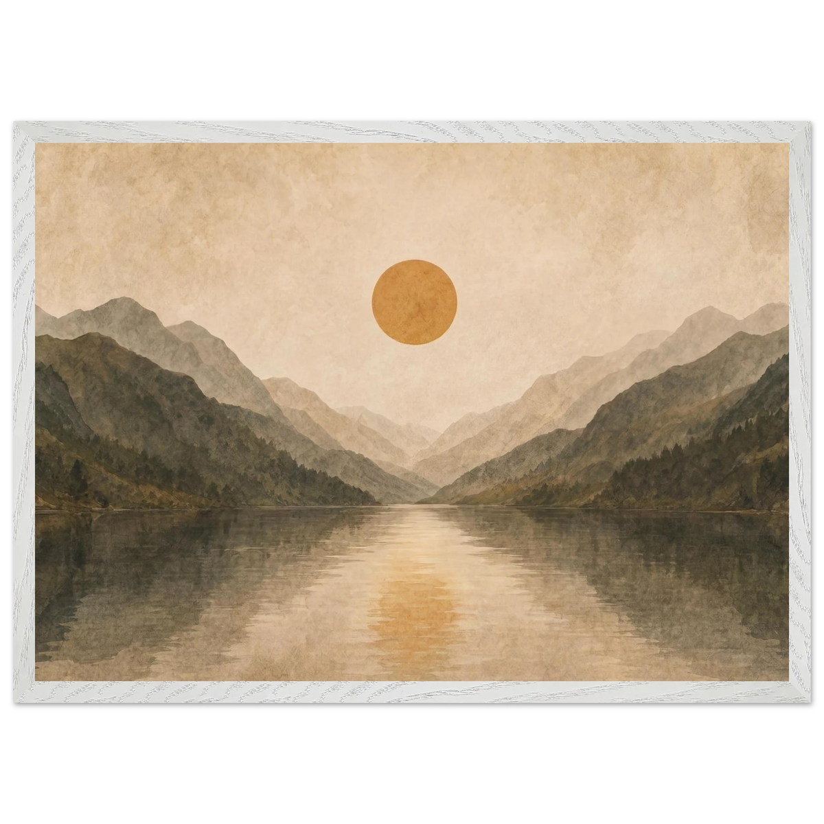 Lake Mirror: mountains, sunset and sun reflection. Framed fine art print by The Light Stays.