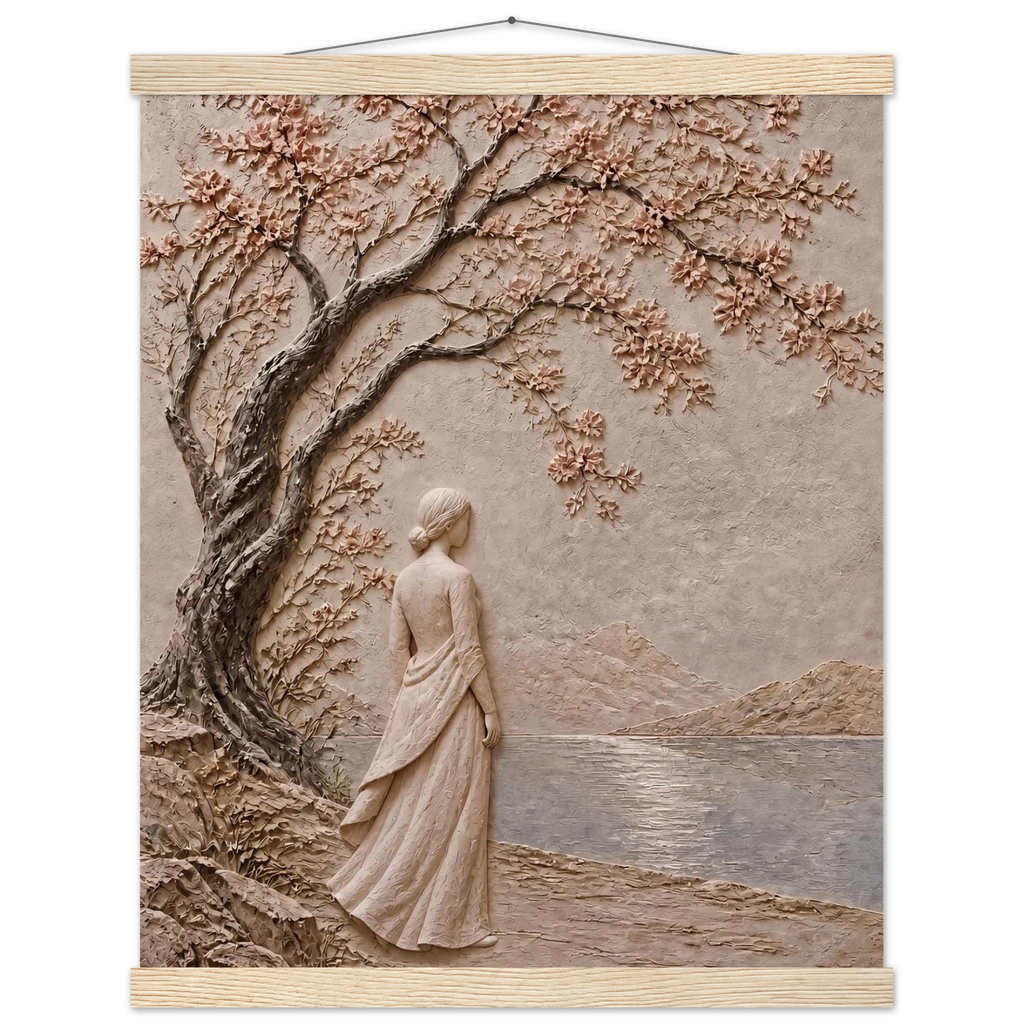 Spring Walk: impasto, lake and blossoming tree. Museum-quality fine art poster.